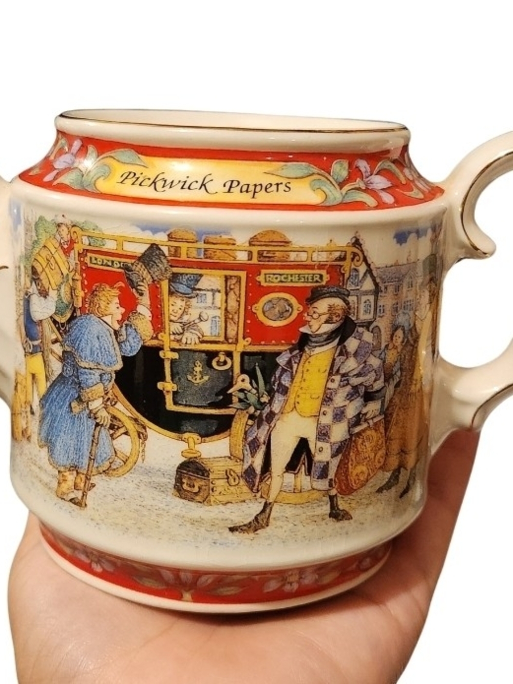 Sandler Pickwick Papers Ceramic Mug with Red and Cream Storybook Scene